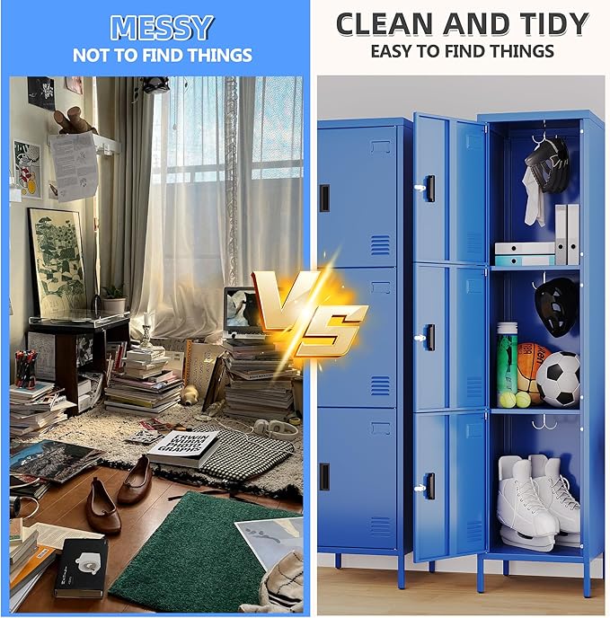 Metal Locker with Hooks and Ventilation Holes,Metal Storage Locker with Keys and Business Card Slof for Home,Gym,Garage,School,Office,66" H×15.75" W× 15.75" D,Assembly Required,Blue