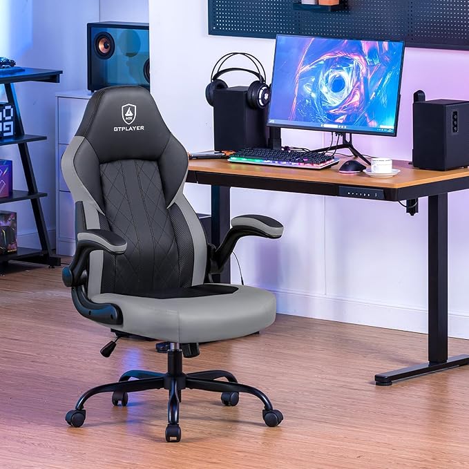GTPLAYER Video Gaming Chair, Ergonomic Computer Gaming Chair with Flip-Up Armrests and Adjustable Height, Comfortable Desk Chairs with Built-in Lumbar Support, Recliner with 360°Swivel (Dark Gray)