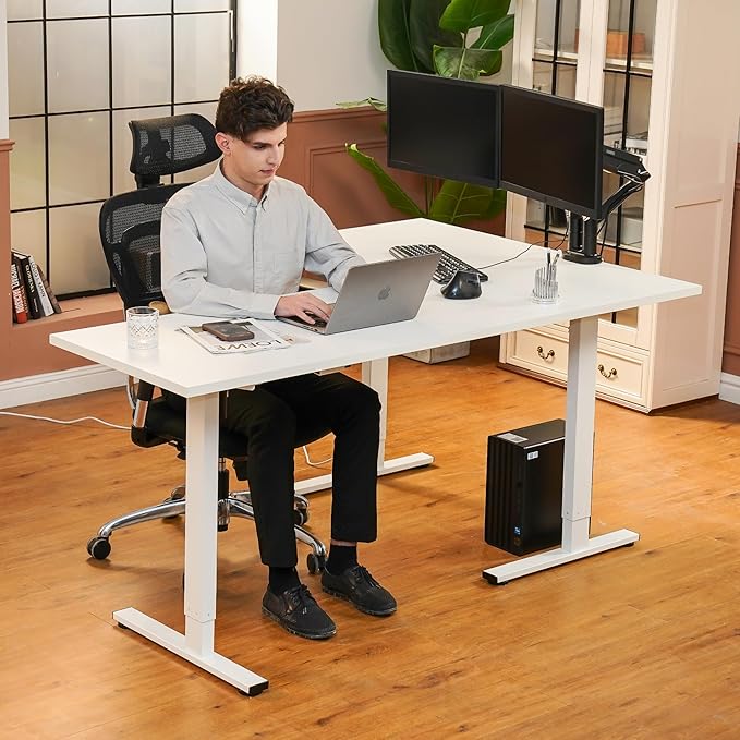 SANODESK Electric Corner L-Shaped 71 x 63 in Standing Desk, Memory Height Adjustment, White Top White Frame