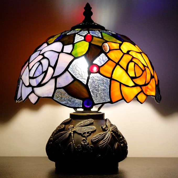 Small Tiffany Table Lamp Yellow Purple Rose Style Stained Glass Desk Lamp 10X11.5 Inch Mushroom Table Light for Office Home Living Room Bedroom