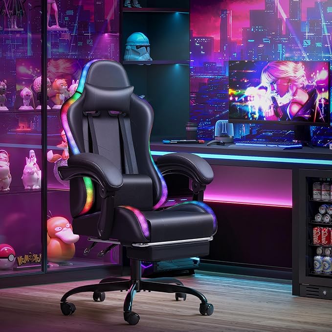 Homall Gaming Chair, Video Game Chair with Footrest and Massage Lumbar Support, Ergonomic Computer Chair Height Adjustable with Swivel Seat and Headrest (RGB Dark Black)