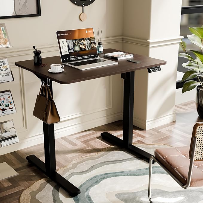 ERGOMAKER Electric Standing Desk, 31.5" x 23.6" Height Adjustable Sit Stand Desk with Splice Board for Home Office, Computer Desk Memory Preset (Black Frame, Walnut Desktop)
