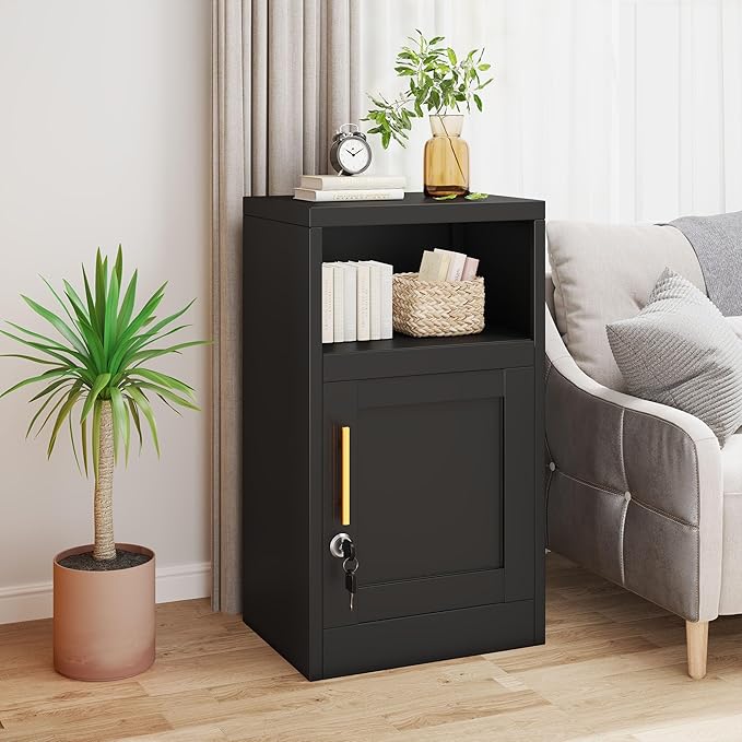 Metal Black Nightstand with Lockable, 27.56" Small End Table Storage Cabinet with Door and Adjustable Shelf, Versatile Side Table for Bedroom, Living Room or Office (Black)