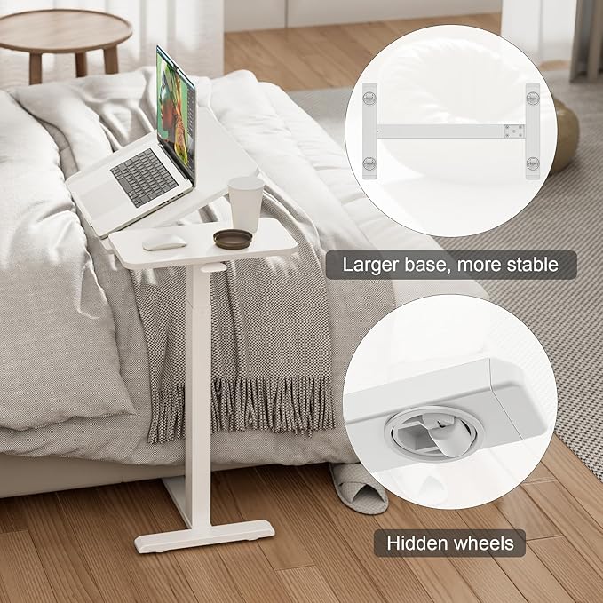 Ywin Medical Adjustable Tilt Overbed Bedside Table with Wheels, Swivel Portable Tray Table(27.6" W x 15.8" D), Small Standing Desk for Bedroom, Hospital, Couch, Office Use,White