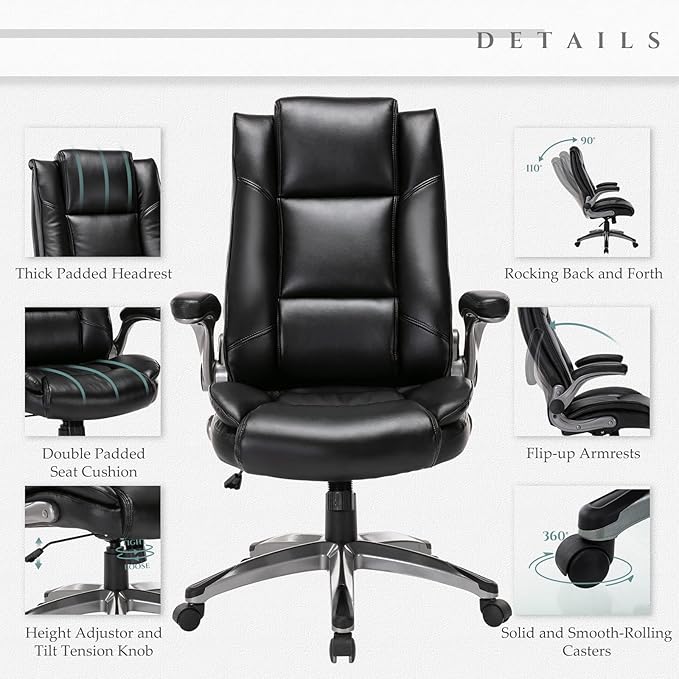 Leather Executive Office Chair - High Back Home Computer Desk Chair with Padded Flip-up Arms, Adjustable Tilt Lock, Swivel Rolling Ergonomic Chair for Adult Working Study, Black
