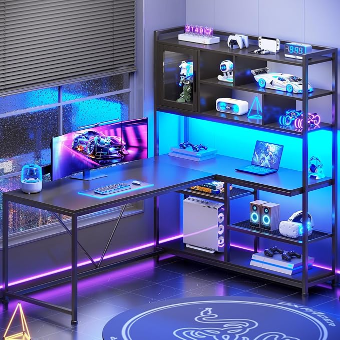 SEDETA L Shaped Computer Desk, 58'' Office Desk with LED Light and Bookshelf, L Shaped Corner Desk with Storage Shelves for Home Office, Gaming Desk, L Desk, Black