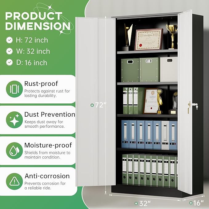 INTERGREAT Metal Storage Cabinet for Garage,72" Lockable Storage Cabinets with Doors and Adjustable Shelves,Black Steel Locking Cabinet for Garage,Office,Home,Gym,School (Black Grey)