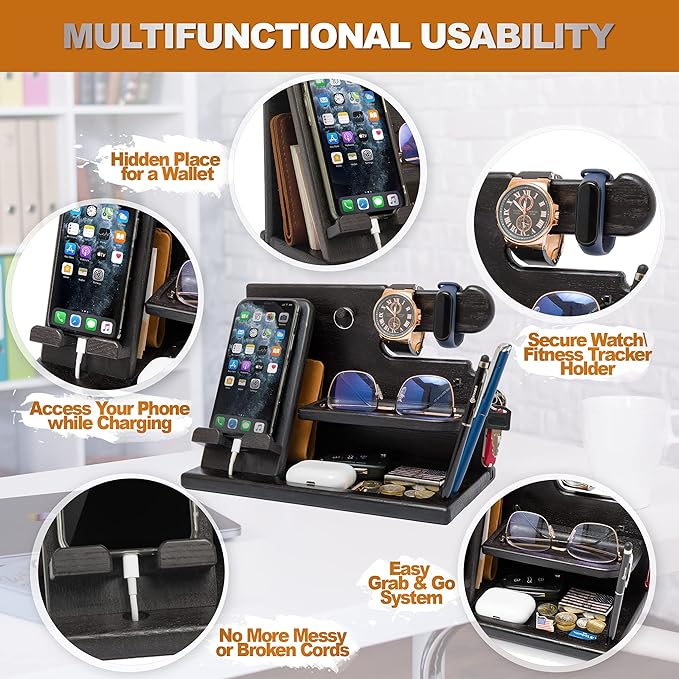 TESLYAR Wood Phone Docking Station for Men - Desk or Nightstand Organizer - Birthday Gifts for Husband, Dad - Anniversary Idea from Wife - Key Holder, Stand Wallet, Watch & Essentials (Granite Black)