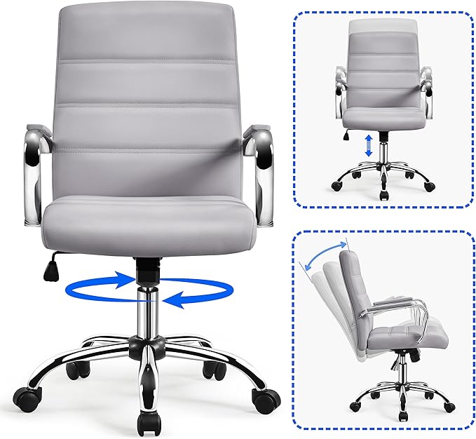 Yaheetech Mid-Back Office Chair with Arms Swivel PU Leather Height Adjustable Office Executive Chair, Light Gray