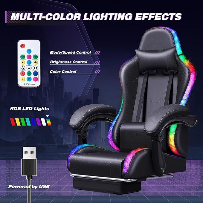 Homall Gaming Chair, Video Game Chair with Footrest and Massage Lumbar Support, Ergonomic Computer Chair Height Adjustable with Swivel Seat and Headrest (RGB Dark Black)