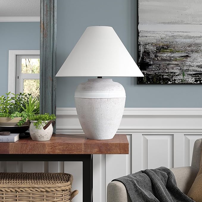 Henn&Hart 22.5'' Modern 1-Light Table Lamp with White Fabric Cone Shade for Living Room, Bedroom, or Office, White