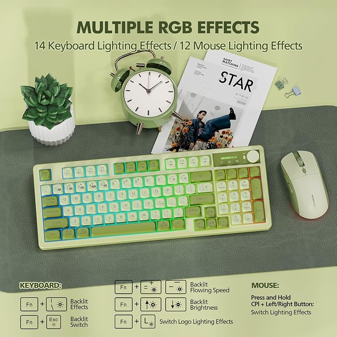 Wireless Keyboard and Mouse Combo Creamy with Number Pad for Desktop Mac iPad Bluetooth/2.4ghz/Wired Rechargeable Light up RGB Quiet Compatible with PC Laptop Tablet (Green)