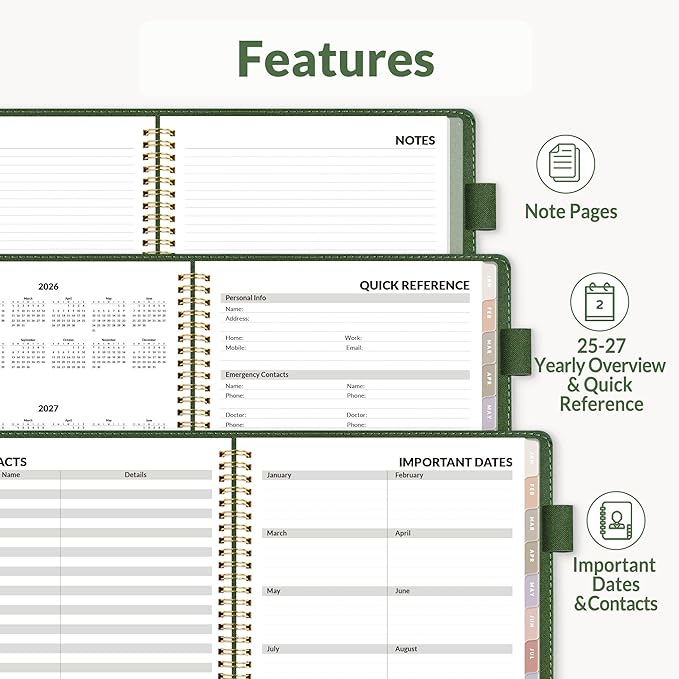 SUNEE 2026 Weekly & Monthly Planner 9"x11.2"- 12 Month (January 2026 - December 2026), Vegan Leather Cover, Pocket, Bookmark, Notes, Monthly Tab, Deep Green