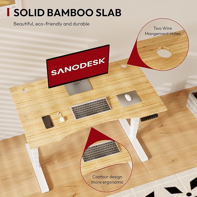 Height Adjustable Standing Desk 3 Stages Dual Motor Stand Up 48” Whole-Piece Bamboo Desktop Computer Desk, Electric Sit-Stand Desk for Home Office(White Frame/ 48” x 24” Curved Natural Bamboo Top)