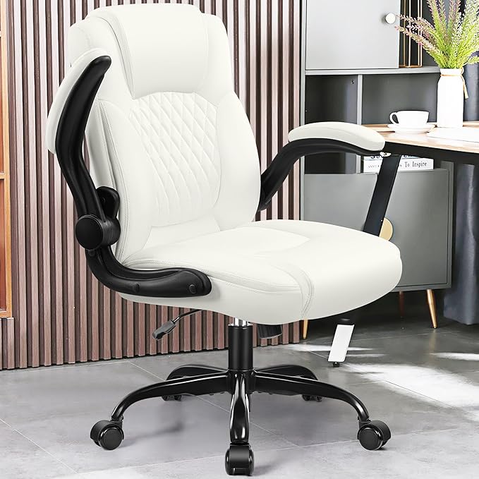 Leather Office Chair, PU Home Computer Desk Chairs with Ergonomic Back Support, 360° Swivel Free,Small Gmaing Chair with Wheels and Adjustable Armrests, for Short People Use, White