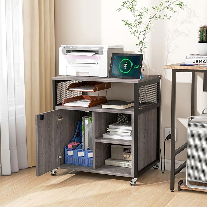 LOKO Rolling File Cabinet with Charging Station, Mobile Lateral Filing Cabinet with Lock, Adjustable Shelf, Metal Frame, Modern Printer Stand on Lockable Wheels for Home Office, Small Space (Grey)
