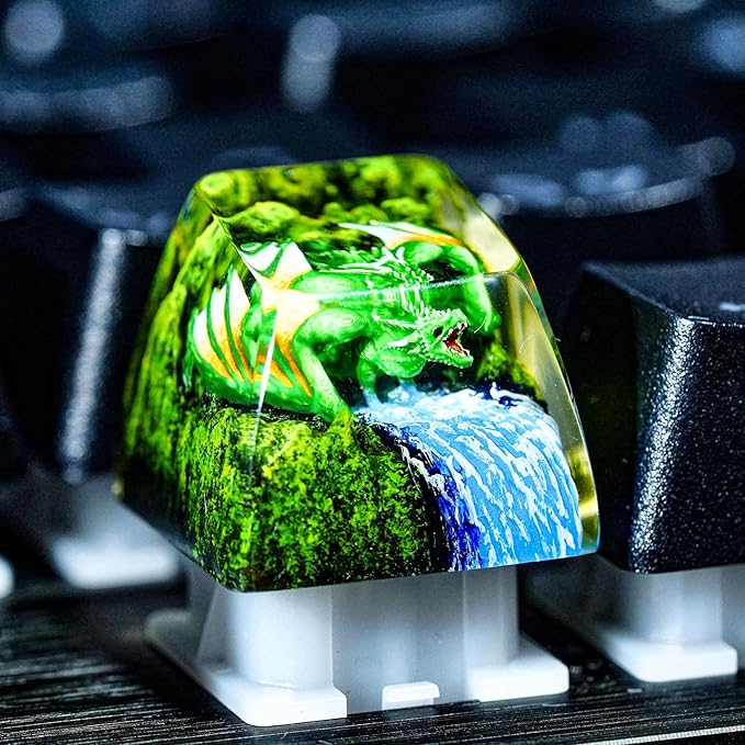 Green Dragon with Waterfall Artisan Keycap R1 SA Profile Custom Fantasy Dragon Keycaps 1U ESC Handmade Gaming Resin Key Cap Cherry MX Switch Compatible Mechanical Keyboard Gift for Dragon Lover
