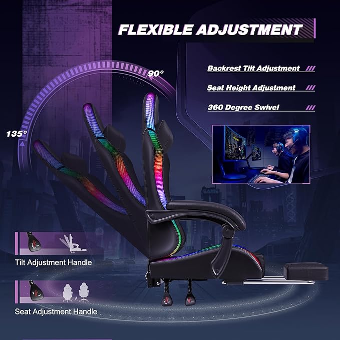 Homall Gaming Chair, Video Game Chair with Footrest and Massage Lumbar Support, Ergonomic Computer Chair Height Adjustable with Swivel Seat and Headrest (RGB Dark Black)