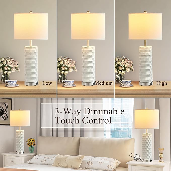 White Table Lamps Set of 2, 28" Ceramic Lamps for Living Room with USB C+A Ports, Touch Lamps for Nightstand, 2 Bulbs Included