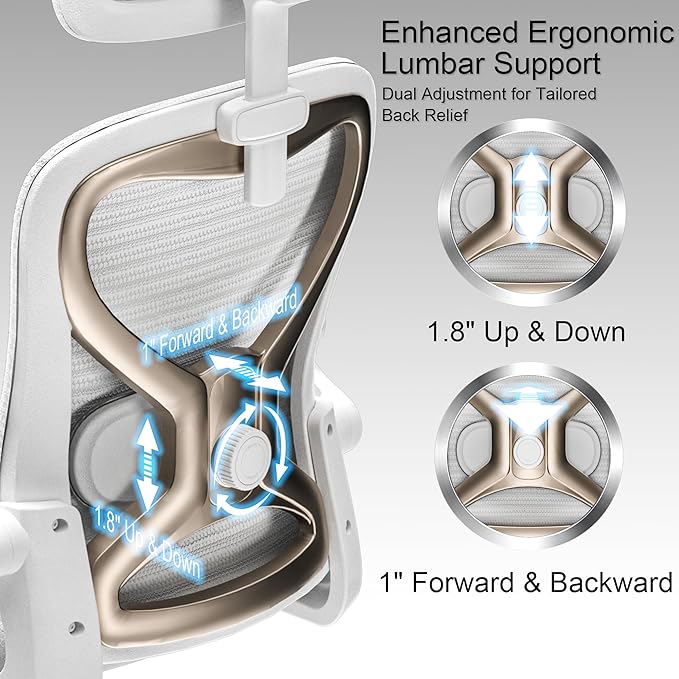 Office Chair for Back & Neck Pain Relief, Virgin Foam Seat, 2D Adjustable Lumbar & 3D Headrest, Flip-Up Armrests, Tilt & Rock for Relaxation, White/Gold
