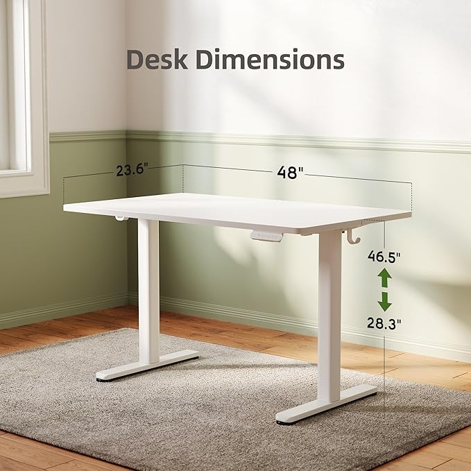 INNOVAR Electric Standing Desk, Adjustable Height Stand up Desks, 48 x 24 Inches Sit Stand up Desk for Home Office Computing, 3-Preset Memory Height Ergonomic Rising Desks, White
