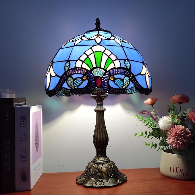 Tiffany Table Lamp 12X12X19 Inch Stained Glass Lamp Blue Baroque Style Antique Bedside Desk Nightstand Light for Bedroom Living Room Home Office Include 3-Color LED Bulb