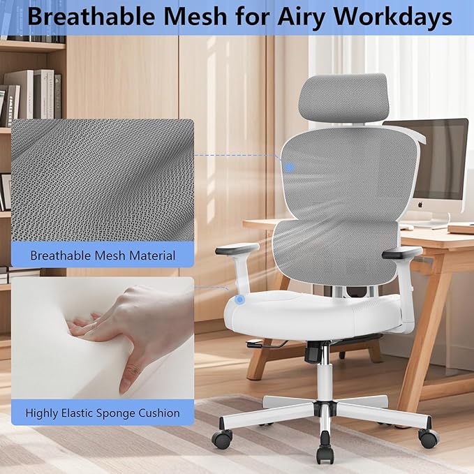 Office Chair, Ergonomic Desk Chair, High Back Desk Chair, Big and Tall Reclining Comfy Home Office Chair with Lumbar Support Breathable Mesh Computer Chair Adjustable Armrests