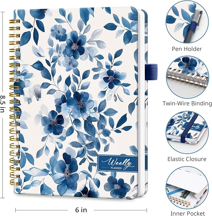 Undated Weekly Planner, Weekly To Do List Notebook with Goal & Habit Tracker Organizer, A5 Weekly Planner Notebook with Spiral Binding, 6.1" x 8.2" - Blue Blossom