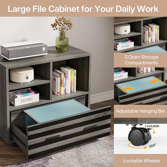 Tribesigns 62.2" Executive Desk with Mobile File Cabinet, L-Shaped Office Desk with Storage Shelves, Large Computer Table Business Workstation Set for Home Office, Grey