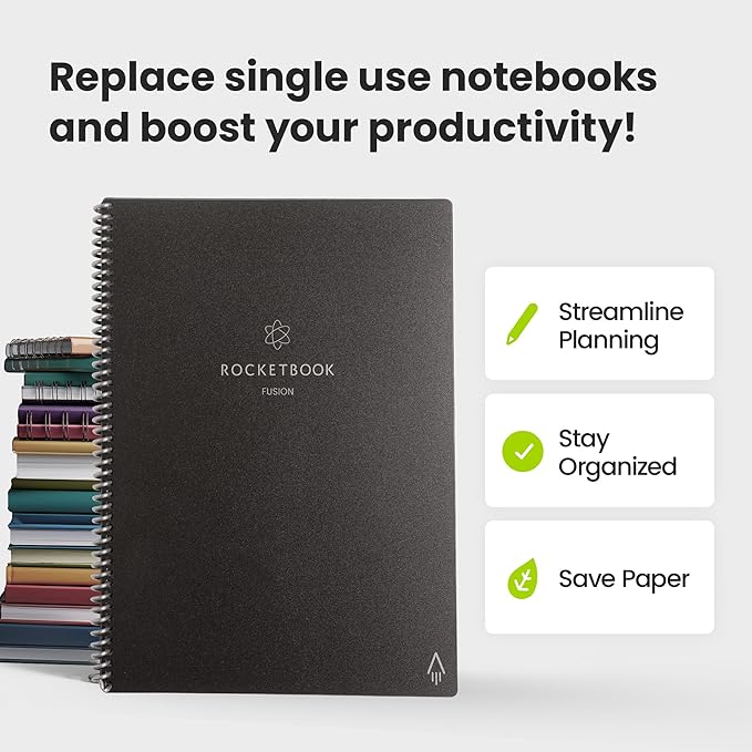 Rocketbook Fusion Reusable Undated Productivity Planner, Letter Size 8.5x11, Steel Blue - Goals, Monthly and Weekly Calendar, Daily To-do List, Lined and Dotted Notes Pages
