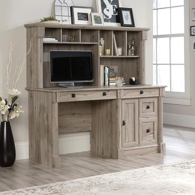 Sauder Palladia Computer Desk with Hutch, Home Office Desk with Drawers, File Cabinet Storage Drawer, Cable Management, Keyboard Tray, in Split Oak Finish