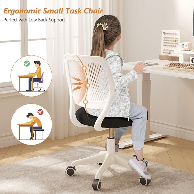 Armless Desk Chair, Height Adjustable Swivel Office Rolling Task Chairs with Soft Mesh Padded Cushion, Ergonomic Small Study Computer Chair for Girls Boys Teens (Black White, 2PCS)