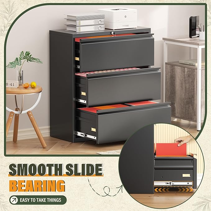 Greenvelly Lateral File Cabinet 3 Drawer, Lockable Metal Filing Cabinet for Home Office, Black Metal File Cabinet with Lock for Legal/Letter/A4/F4 Size with Hanging Bars&Key