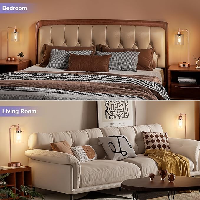 Innqoo Industrial Touch Table Lamps for Bedrooms Set of 2-3-Way Dimmable Lamps with USB C+A Ports and Outlet, Copper Bedside Lamps with Clear Glass Shade for Living Room, Desk Lamps for Home Office