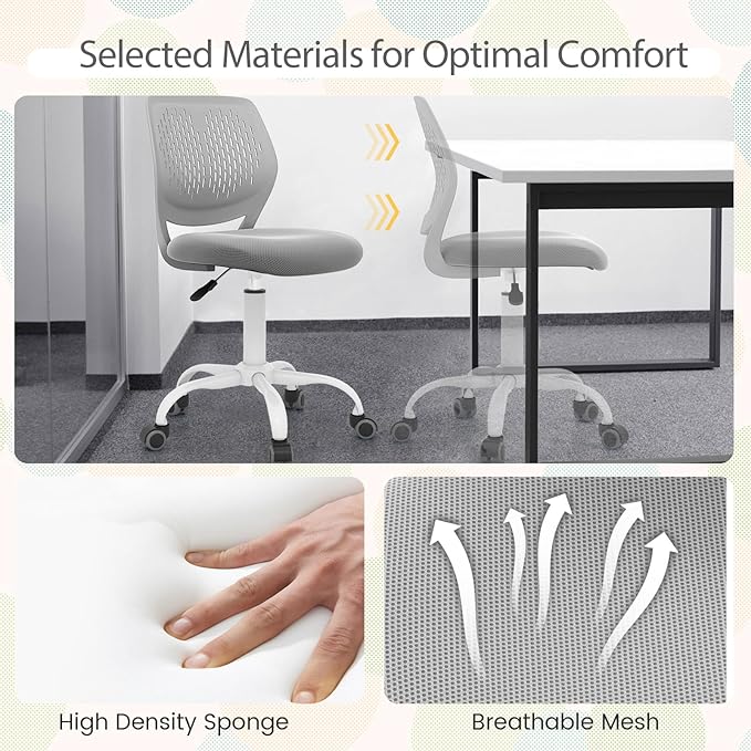 POWERSTONE Small Home Office Desk Chair, Swivel Rolling Study Computer Chair, Adjustable Height Task Chair with Armless Mid Back, Upholstered Mesh Seat, Grey
