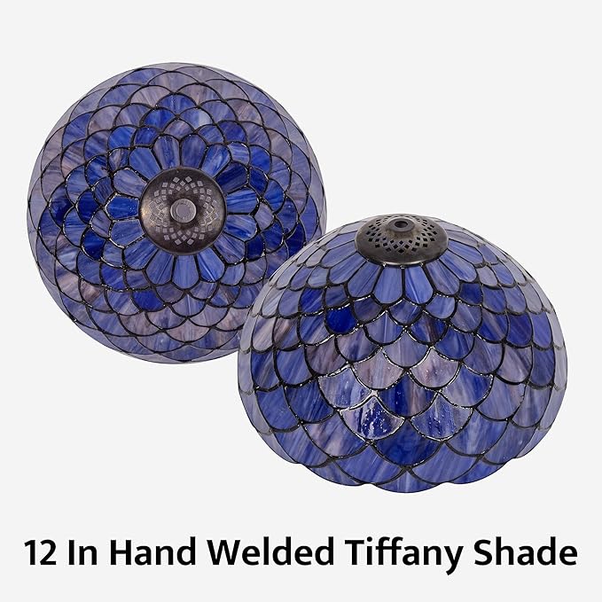Tiffany Style Table Lamp Vintage Stained Glass Desk Lamp Deep Blue Purple Fish Scales Bedside Reading Light Decor Bedroom Living Room Home Office D12 xH18