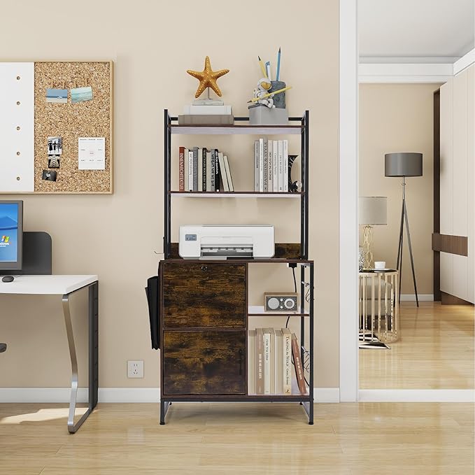 Vertical File Cabinet,Filing Cabinet with Shelves,Charging Station,Hanging Pouch and Hooks,Vertical Filing Cabinet Fits Letter/A4/Legal Size (Wood)