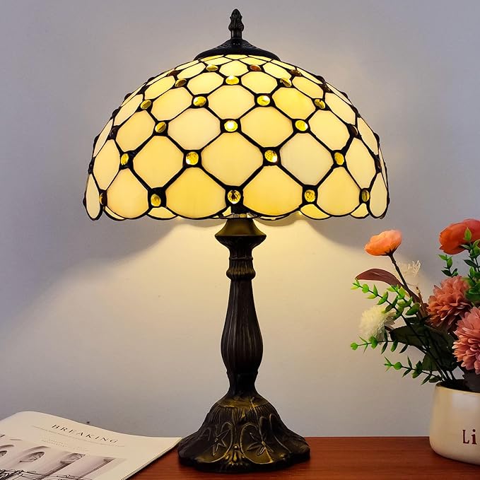 Tiffany Lamp Stained Glass Table Lamp - Antique Bedside Desk Reading Light With 3-Way Color LED - Living Room Nightstand 12X12X19 Inches - Home Office Desk Lamp - Cream White Pearls Style