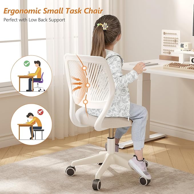 Armless Desk Chair, Height Adjustable Swivel Office Rolling Task Chairs with Soft Mesh Padded Cushion, Ergonomic Small Study Computer Chair for Girls Boys Teens (White, 4PCS)