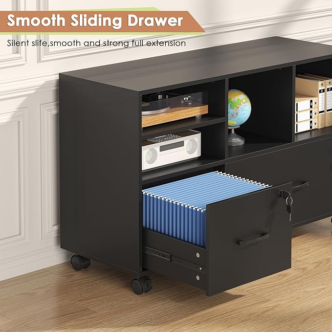 Semoic 2 Drawer Wood Lateral File Cabinet with Lock, Lockable Rolling Filing Cabinet with Adjustable Storage Shelves, Printer Stand Office Storage Cabinet for Home Office Fits Files Legal/A4, Black