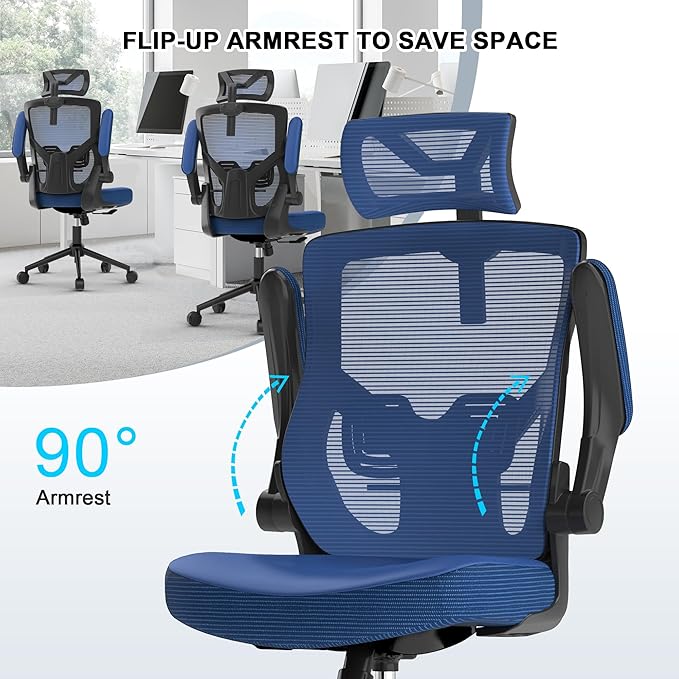 Home Office Chair, Ergonomic Comfy Desk Chair, High Back Computer Chair- Adjustable Headrest with Flip-Up Arms, Lumbar Support, Swivel Executive Task Chair (Portimao Blue, Modern)