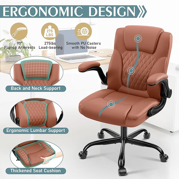 Leather Office Chair, PU Home Computer Desk Chairs with Ergonomic Back Support, 360°Swivel Free,Small Gaming Chair with Wheels and Adjustable Armrests, for Short People Use, Brown