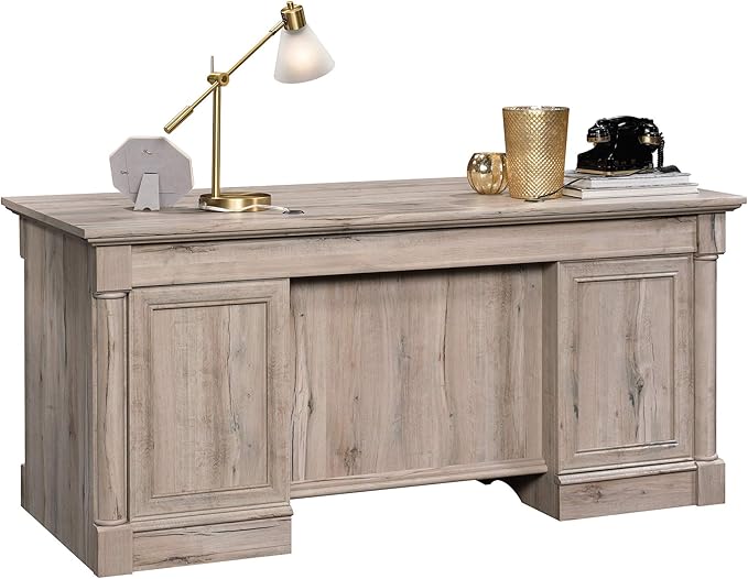 Sauder Palladia Office Desk with Drawers, Executive Desk with File Cabinet Storage, Cable Management, Keyboard Tray, in Split Oak Finish