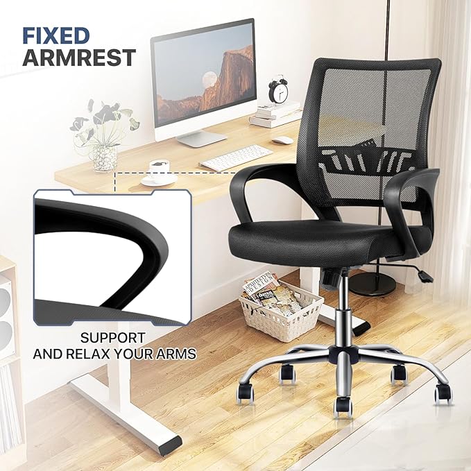MoNiBloom Office Swivel Desk Mesh Chair, Mid Back Ergonomic Rolling Computer Task Chair with Lumbar Support, Adjustable Height/Tilt, Black