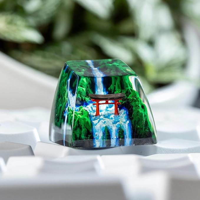 Red Torii Gate Artisan Keycap Japanese Shrine with Summer Waterfall R1 SA Profile Custom Keycaps 1U ESC Handmade Gaming Resin Key Cap Cherry MX Switch Compatible Mechanical Keyboard Japan Lover Gift