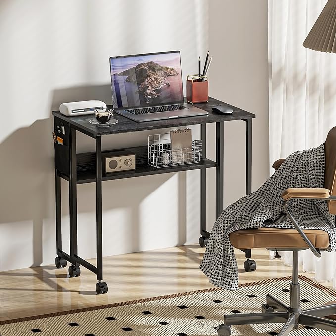 HOMCOM Small Folding Desk, Rolling Computer Desk Foldable with Storage Bag and Shelf, 31.5" Portable Writing Table on Wheels for Small Spaces, Home Office, Study, Easy Assembly, Black