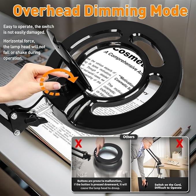 10X Long Magnifying Glass with Light, 2200 Lumen & 24W Stepless Dimming LED Magnifying Lamp with Clamp, Adjustable Swing Arm Lighted Magnifier Light, Hands Free Craft Lamp for Hobby Repair Reading