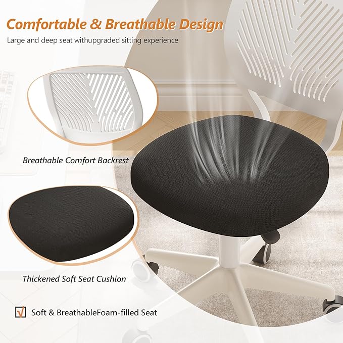 Armless Desk Chair, Height Adjustable Swivel Office Rolling Task Chairs with Soft Mesh Padded Cushion, Ergonomic Small Study Computer Chair for Girls Boys Teens (Black White, 2PCS)