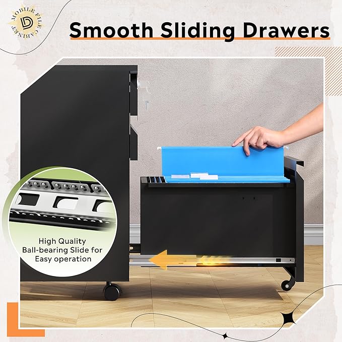 DEVAISE 3 Drawer File Cabinet with Lock, Black Metal Mobile Filing Cabinet Under Desk, Home Office Furniture fits A3/A4/Letter Size, 17" D x 15" W x 24" H
