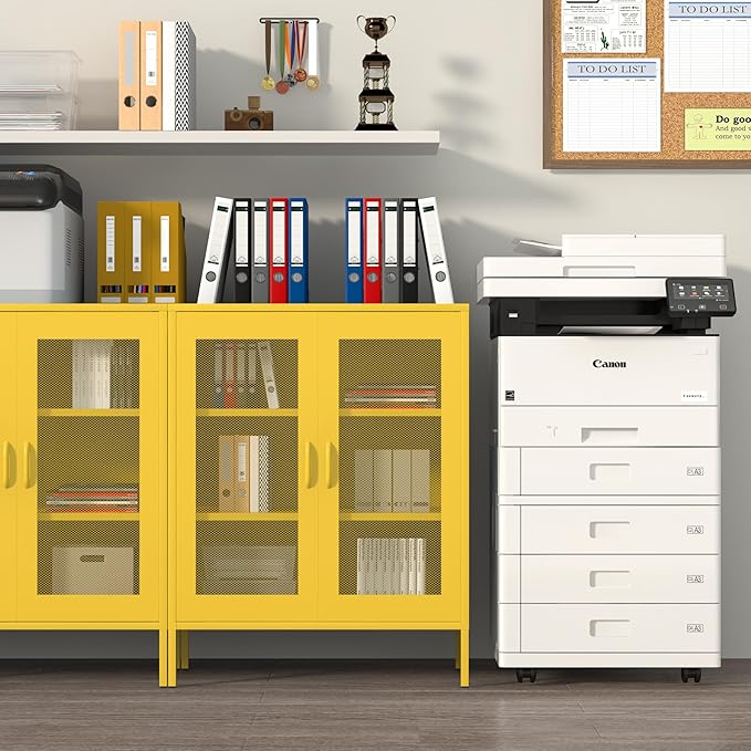 Yellow Metal Storage Cabinet with Mesh Doors, Office Metal Locker Cabinet, Metal Display Cabinet with 2 Adjustable Shelves for Home, Office, Kitchen